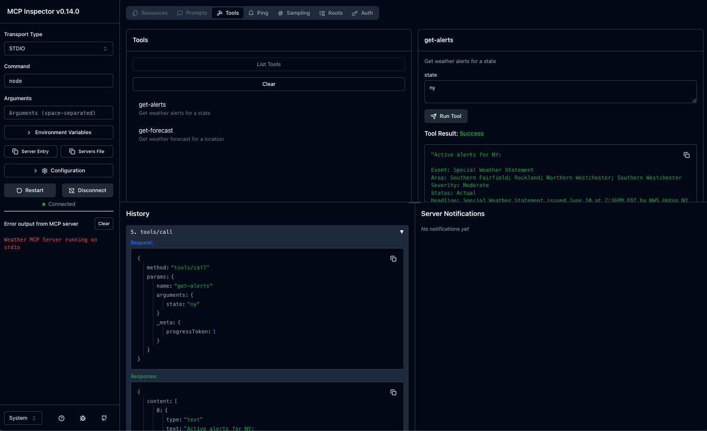 MCP Inspector showing weather server tools and responses